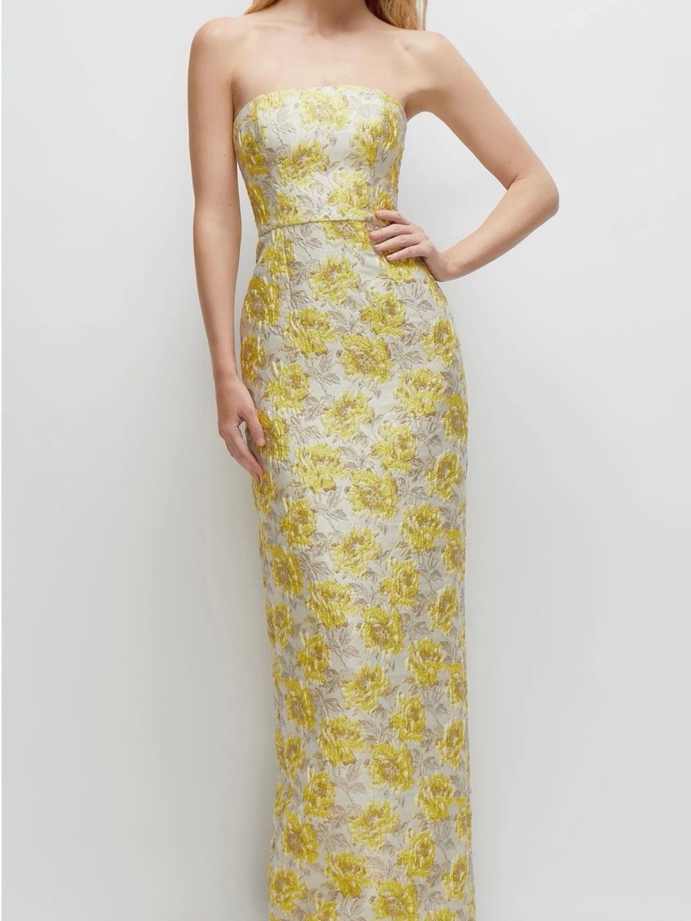 Strapless Yellow Floral Jacquard Column Gown